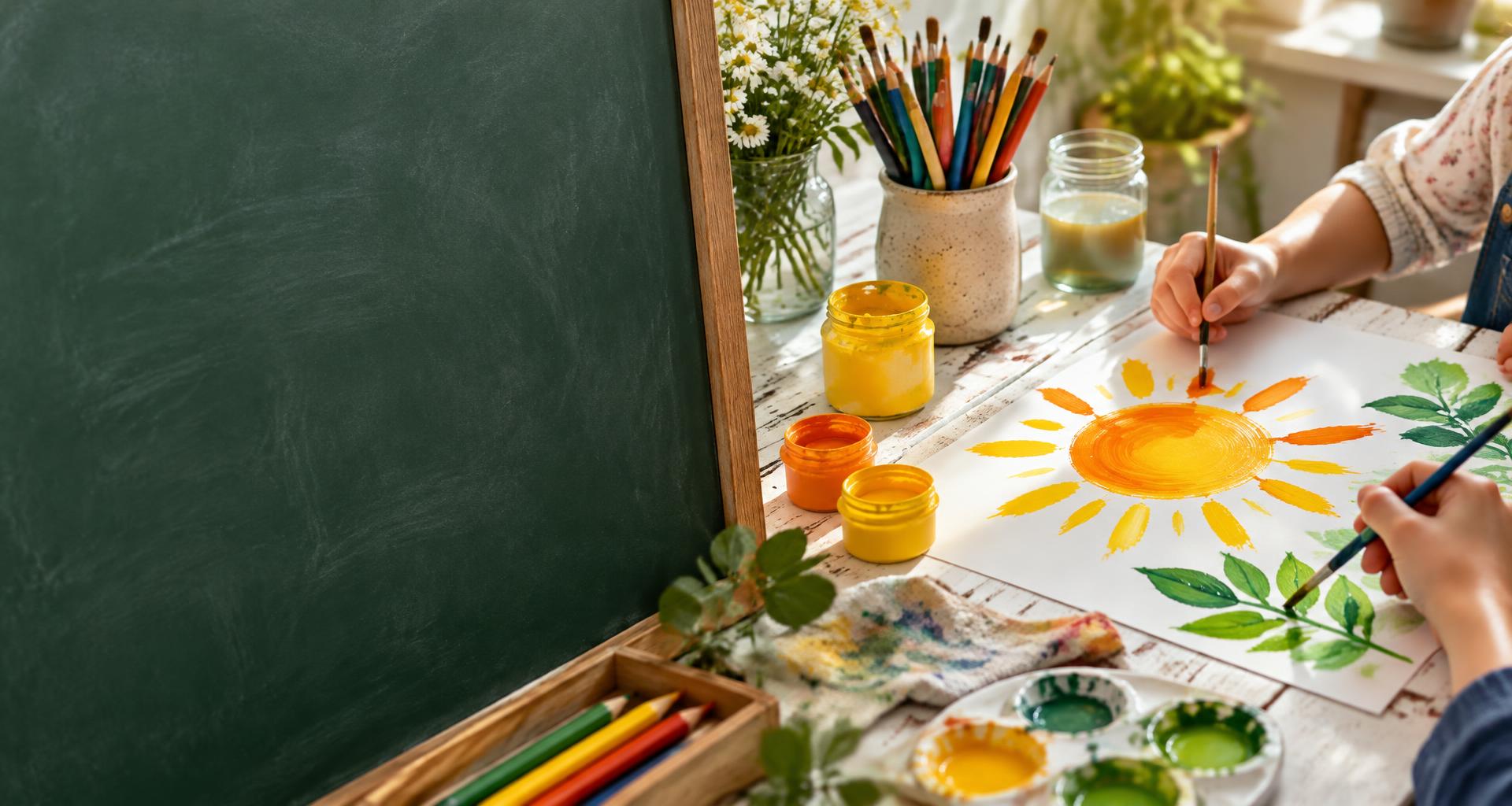 Imagem ilustrativa de mãos pintando um sol com tintas coloridas